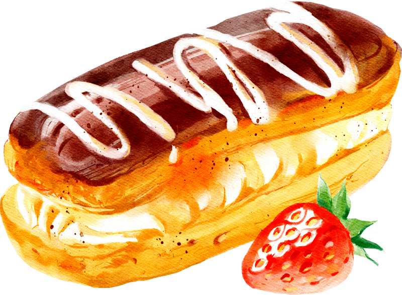Watercolor dessert illustration. Painted eclair strawberry